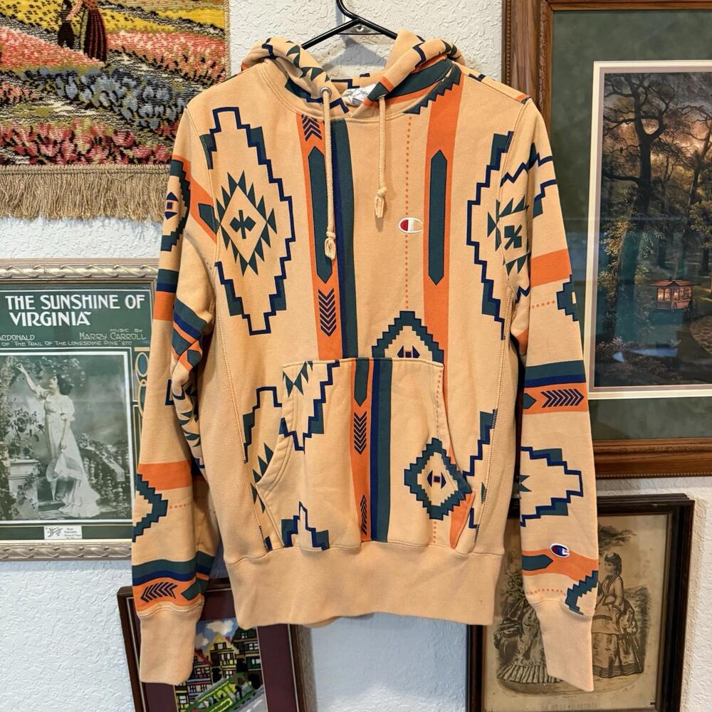 Vintage 00s Champion Reverse Weave RARE Aztec Southwestern Hoodie Size Small